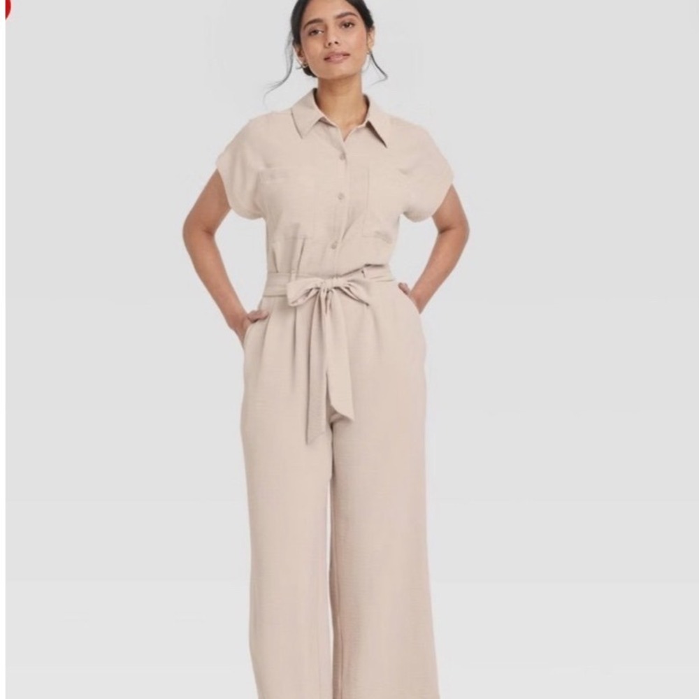 A‎ New Day Utility Jumpsuit Womens Size L Khaki NEW Belted Button Front Wide Leg